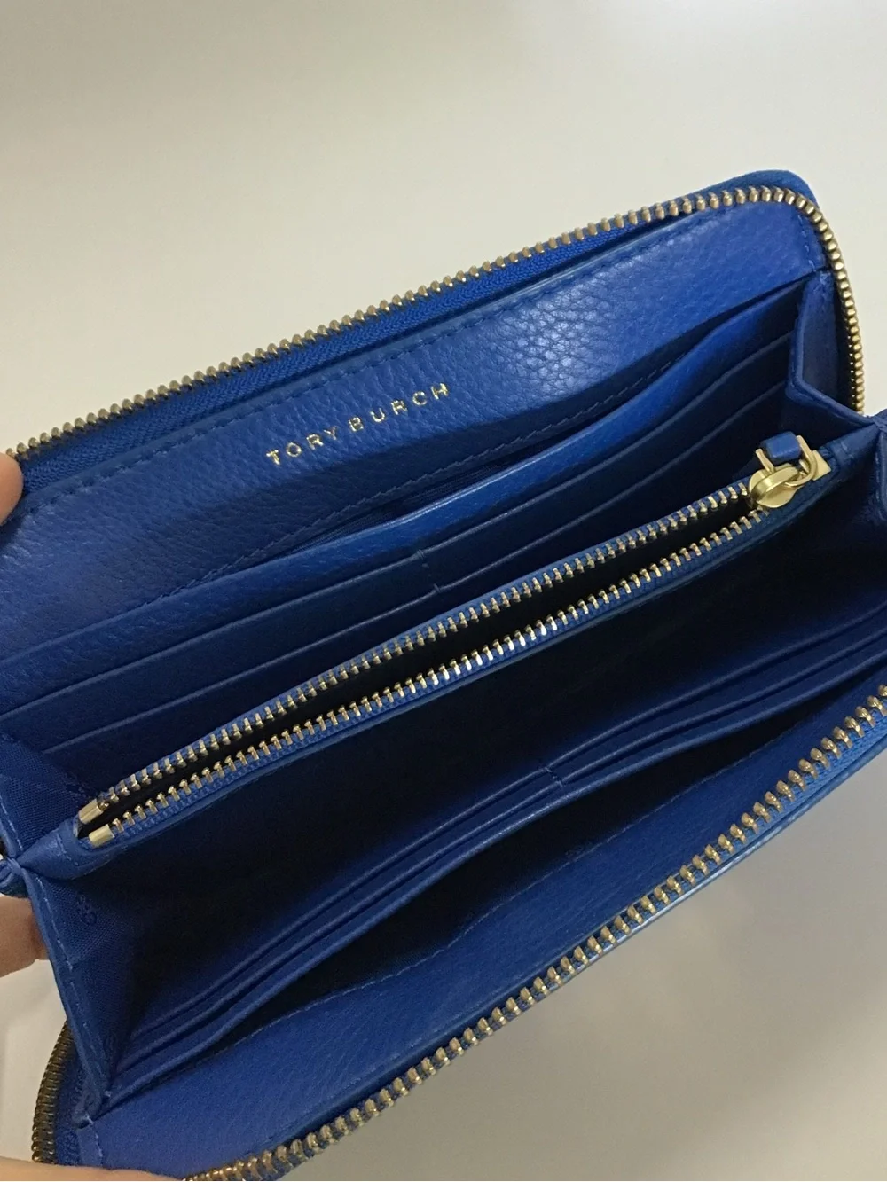 Tory Burch Electric Blue Zip-Around Leather Wallet with Gold Logo